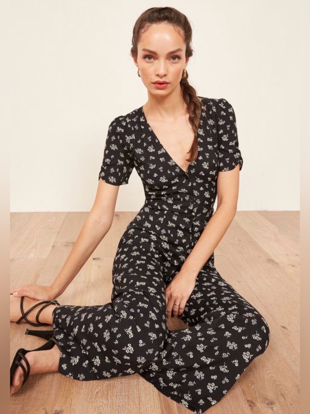 Reformation France Floral Jumpsuit Black White Wide Leg Cropped Size 4